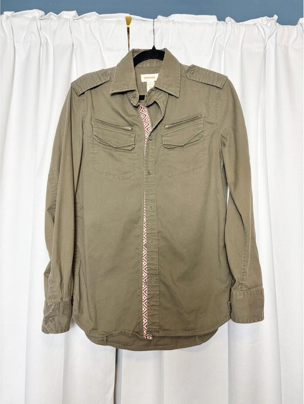 Y2k Diesel Utility Embroidered Shirt Jacket In Cotton Green Khaki. Size Small